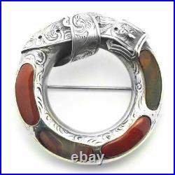 Antique Mid Victorian Scottish Agate Buckle Brooch Silver c. 1860