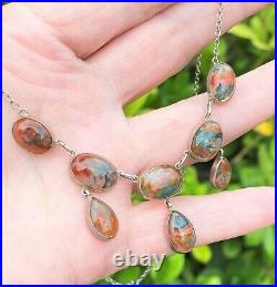 Antique Moss Agate Scottish Cabochons STERLING SILVER Festoon Necklace 16