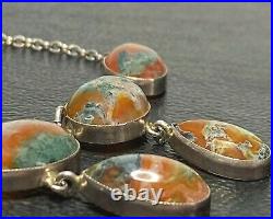 Antique Moss Agate Scottish Cabochons STERLING SILVER Festoon Necklace 16