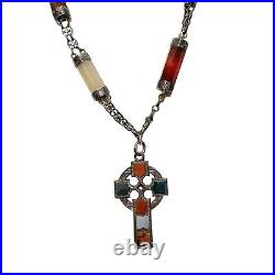 Antique Scottish Agate Celtic Cross Necklace Sterling Silver Victorian Statement