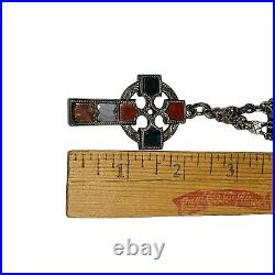 Antique Scottish Agate Celtic Cross Necklace Sterling Silver Victorian Statement