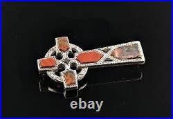 Antique Scottish Agate Celtic cross brooch, Sterling silver, Victorian