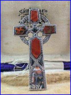 Antique Scottish Agate Celtic cross brooch, Sterling silver, Victorian