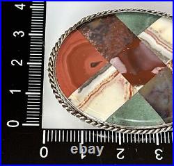 Antique Scottish Agate Sterling Silver 925 Brooch Pin Plaid Agate