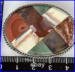 Antique Scottish Agate Sterling Silver 925 Brooch Pin Plaid Agate