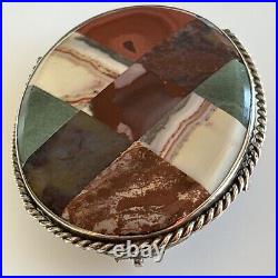 Antique Scottish Agate Sterling Silver 925 Brooch Pin Plaid Agate