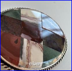 Antique Scottish Agate Sterling Silver 925 Brooch Pin Plaid Agate