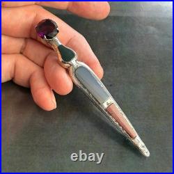 Antique Scottish Agate Sterling Silver Dagger Sword Thistle Brooch Celtic Etched