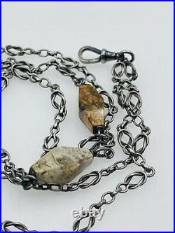 Antique Scottish Agate Victorian Sterling Silver Long Watch Chain Fob Necklace