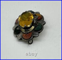 Antique Scottish Cairngorm Agate Brooch Sterling Silver Etched C-Clasp