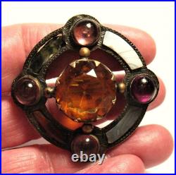 Antique Scottish Circle Pin Sterling Silver Agate Topaz Amethyst 15.8 Grams