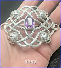 Antique Scottish STERLING SILVER Amethyst Plaid Brooch Huge H. Tatton HM1908 33g