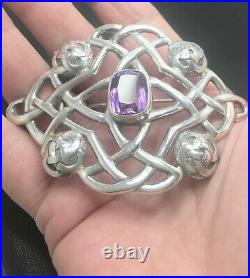 Antique Scottish STERLING SILVER Amethyst Plaid Brooch Huge H. Tatton HM1908 33g