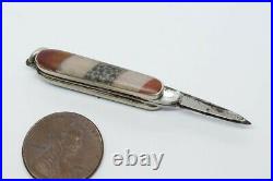 Antique Scottish Silver & Agate Folding Double Blade Miniature Pen Knife Charm