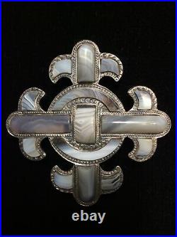 Antique Scottish Silver and Grey Agate 2 1/4 Brooch