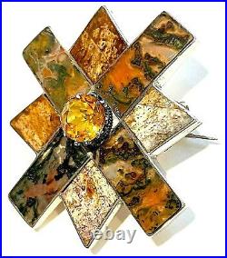 Antique Scottish Sterling Genuine Citrine Moss Agate Saltire Cross Brooch c1890