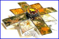 Antique Scottish Sterling Genuine Citrine Moss Agate Saltire Cross Brooch c1890