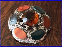 Antique Scottish Sterling Silver Agate Cairngorm Citrine Plaid Brooch 2 Inches