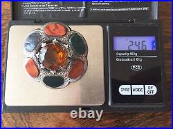 Antique Scottish Sterling Silver Agate Cairngorm Citrine Plaid Brooch 2 Inches
