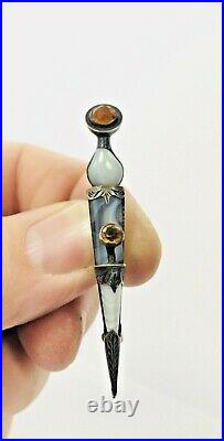 Antique Scottish Sterling Silver Agate Fire Opal Dagger Kilt Pin C1909 Engraved