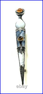 Antique Scottish Sterling Silver Agate Fire Opal Dagger Kilt Pin C1909 Engraved