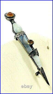 Antique Scottish Sterling Silver Agate Fire Opal Dagger Kilt Pin C1909 Engraved