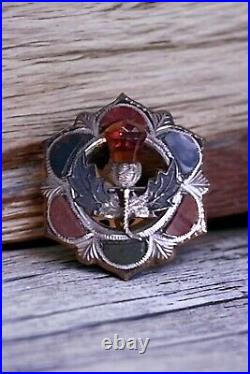 Antique Scottish Thistle multicolor Agate Brooch / Pin C-clasp Sterling 925