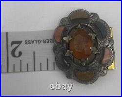 Antique Scottish Victorian Sterling Silver Agate Citrine Pin