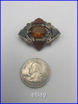 Antique Scottish Victorian Sterling Silver Agate Citrine Pin