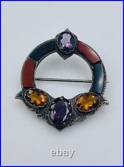 Antique Scottish Victorian Sterling Silver Bloodstone Agate Amethyst Citrine Pin