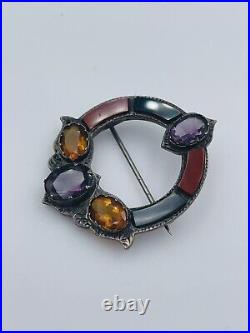 Antique Scottish Victorian Sterling Silver Bloodstone Agate Amethyst Citrine Pin