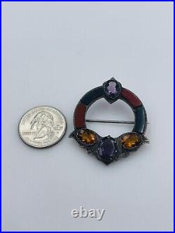 Antique Scottish Victorian Sterling Silver Bloodstone Agate Amethyst Citrine Pin