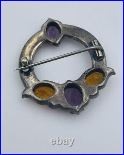 Antique Scottish Victorian Sterling Silver Bloodstone Agate Amethyst Citrine Pin