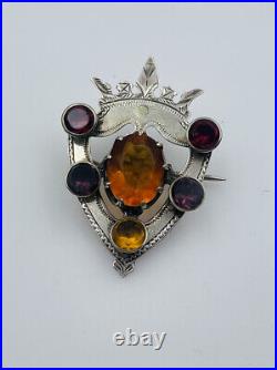 Antique Scottish Victorian Sterling Silver Citrine Amethyst Shield Pin