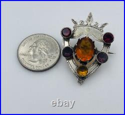 Antique Scottish Victorian Sterling Silver Citrine Amethyst Shield Pin