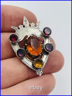 Antique Scottish Victorian Sterling Silver Citrine Amethyst Shield Pin