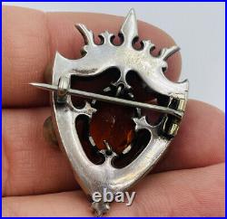 Antique Scottish Victorian Sterling Silver Citrine Amethyst Shield Pin