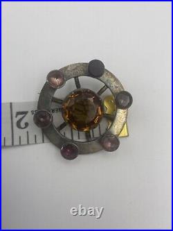 Antique Scottish Victorian Sterling Silver Citrine And Amethyst Pin Brooch