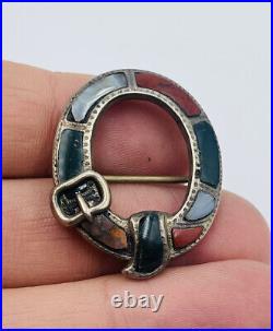 Antique Scottish Victorian Sterling Silver Gray Agate Bloodstone Buckle Oval Pin