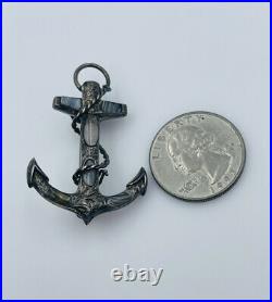 Antique Scottish Victorian Sterling Silver Gray Banded Nautical Anchor Pin