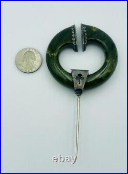 Antique Scottish Victorian Sterling Silver Green Agate Large Kilt Pin