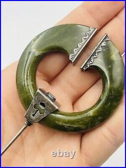 Antique Scottish Victorian Sterling Silver Green Agate Large Kilt Pin