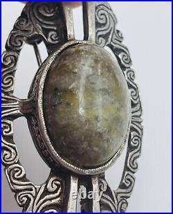 Antique Scottish Victorian Sterling Silver Green Agate Unusual Pin