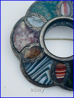 Antique Scottish Victorian Sterling Silver Unusual Multi Agate Pin