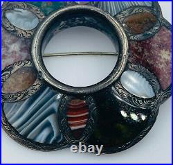 Antique Scottish Victorian Sterling Silver Unusual Multi Agate Pin