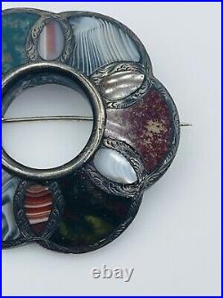 Antique Scottish Victorian Sterling Silver Unusual Multi Agate Pin