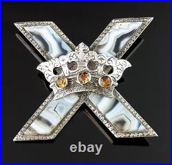 Antique Scottish agate Saltire cross and crown brooch, Citrine, Victorian