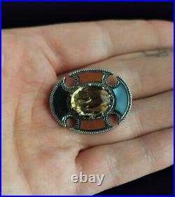 Antique Scottish agate and Citrine brooch, sterling silver