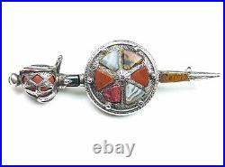 Antique Scottish agate sword and shield brooch, silver, Victorian