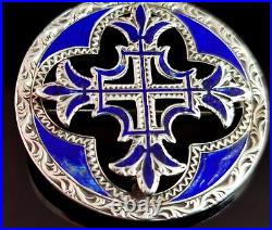 Antique Scottish silver Celtic Cross brooch, blue enamel and sterling silver, Vi